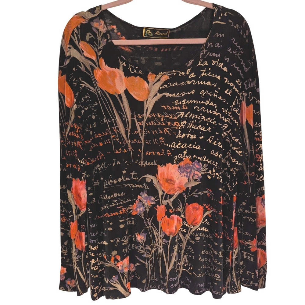Mirasol Floral Script Top XL Black Orange Long Sleeve Artsy Whimsigoth‎ Blouse